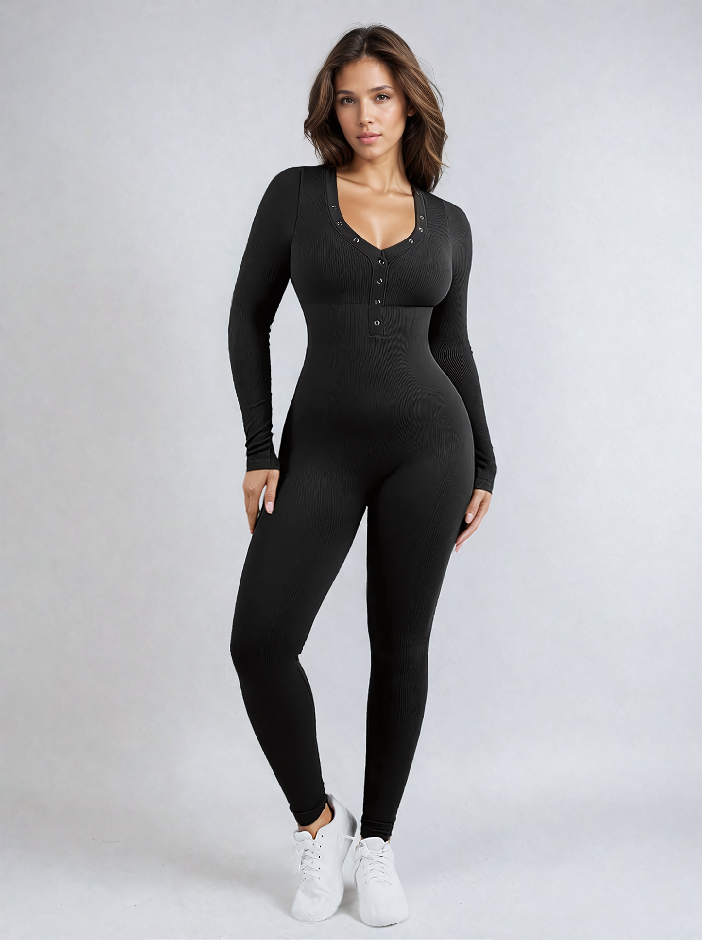 Shaping V- Neck Long Sleeve Jumpsuit